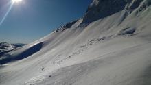 North East/ East bowl showed sign of wind loading. Snow was punchy with a 2-3 inch crust on similar aspects. We decided not to ski the bowl.   