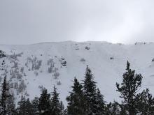 Wind Slab avalanches - poor photo but 3 obvious crowns just below ridge line.  Debris run out varied from 1/4 slope to 3/4 