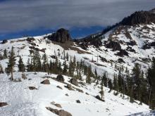 SE aspects off of Lunch Rock are thin with barely skiable snow.