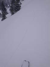 50 foot long shooting crack on wind loaded NE aspect near treeline. 4F+ hard slab over F hard old snow.