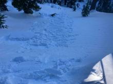 Dropping a firm cornice block onto a slope with minor cracking.