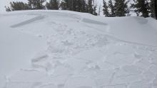 Newly formed 6-8 inch deep wind slab on a small wind-loaded test slope.