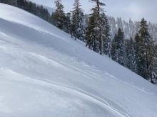 Wind textured snow downslope off of ridge on N aspects from W winds