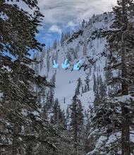 Mostly filled-in avalanche crown in the Goat Cliffs area of Hidden Peak.