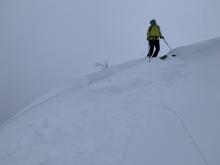 Kicking off cornice on test slope triggered small D1 wind slab avalanche with a 2" crown