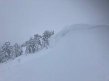 Large cornices built out on upper ridgeline