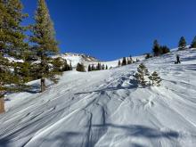 Wind effected snow on W-SW-S-SE slopes on the PCT trail.