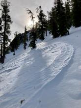 Shady aspects were a mix of shallow soft snow, firm snow, and firm old tracks.