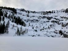 Looking up at Angora Bowl with Echo Peak on the far left