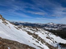 Thin snow conditions on the south facing portion of the Elephant's Graveyard zone.