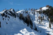 Closer view of cornices on ridge to Talking Mountain.  Note small avalanche middle right slope.