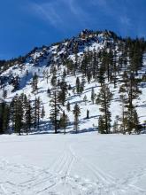 Snow coverage on the SE-S facing slopes on Angora Peak