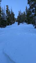 Wind-affected snow surfaces also existed on the NE side of the peak.