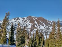 Potential corn lines holding on E-SE-S aspects of Red Lake Peak. S to SW aspects void of snow in many areas.