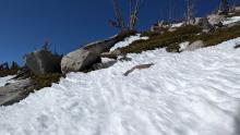 Uneven snow surfaces formed by differential melting. 