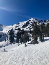 Looking up at the varied coverage on the east bowl of Peak 9795 next to Melissa Coray Peak. 