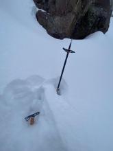 N face of castle peak, 3-5” of new snow on 1” crust over softer layer.