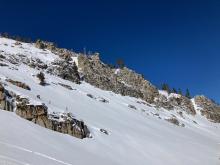 Looking up towards the SE cliffs at noon and there was still very little evidence of wet loose activity.