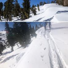 Fragile cornice above a E-SE aspect near the ridge. It broke easily when I kicked it but did not produce any cracking in the slope below. 