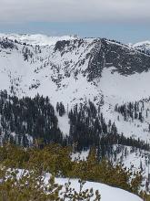 SE face of Crag Peak. Typically a frequent producer of natural wet loose avalanches showing signs of minimal activity.