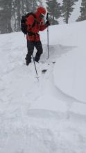 Small wind slab on a wind-loaded test slope along Castle Ridge. The slope craked only after we undercut it and did not extend very far downslope. This was the largest wind slab we encountered on our tour.