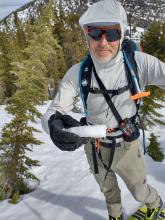 A thin melt-freeze crust on a N aspect at 9300 ft at 10:30 am