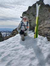 Hip deep wet snow next to rocks near 9700 ft @ 11:00 am.