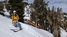 Thigh deep wet snow on a sunny ESE aspect at 11:15 am.