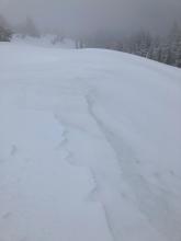 Not much evidence of wind loading on the summit ridge itself. You can see a very small (1") cornice next to exposed crust.