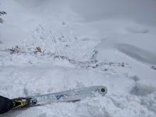 Strong sun made the new snow wet enough for a ski cut to cause the wet new snow to slide down this small SE-facing test slope @ ~7600 ft at 11:30 am.