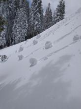 Pinwheels were easy to initiate on E aspect terrain after about 12:15 pm.