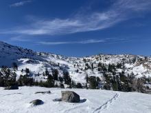 NE facing ridge below Round Top. Bony, eroded snow. 