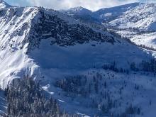 Hard to see old filled in crown line below Crag Peak, North aspect.