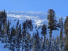 A large natural cornice collapse from during the last storm. Looked like an avalanche at first glance, but no flanks or avalanche debris, only cornice chunks.