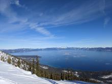 A few lingering clouds low down over the lake at the inversion layer.