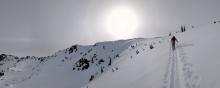 Minimal recent wind affect on the snow surface above treeline on N-NE-E aspects.