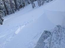 Wind slab on test slope with slab up to 1 foot thick.