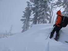 A ski kick caused a failure in the wind loaded snow on this small test slope.