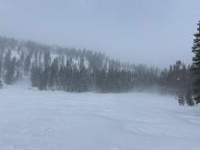 Drifting snow in open meadows.