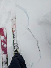 Cracking around my skis as today's heavier storm snow broke away from yesterday's lighter snow. 