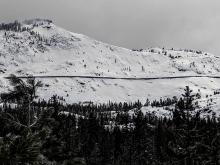 Photo showing several avalanches on Donner Peak.