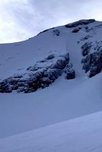 Avalanche crown lookers left of Crescent Couloir on Round Top