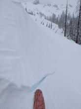 Ski kicks on some wind-loaded test slope produced 15-20 ft long shooting cracks.