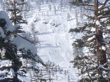 Previous storm slab avalanche partially covered by additional storm snow.